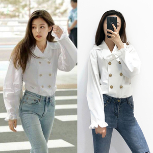 blackpink明星jennie同款韩风白色木耳边双排扣长袖衬衫上衣女