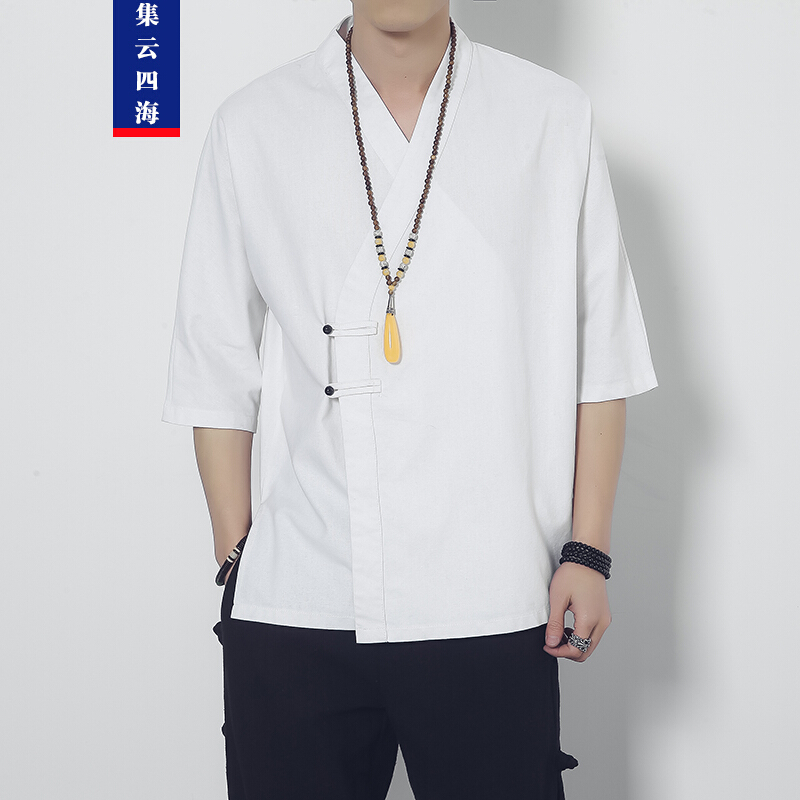 集云四海 中国风男装中式改良汉服 民族风亚麻七分袖T恤 白色 2XL