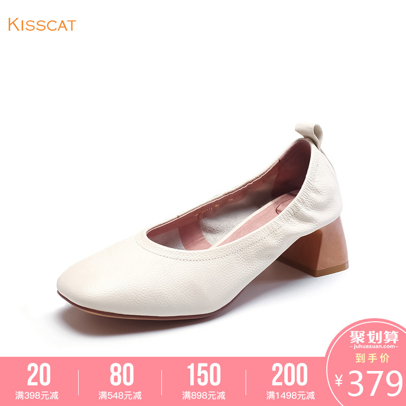 接吻猫2019春季新款牛皮中跟粗跟圆头舒适奶奶鞋单鞋KA09101-11