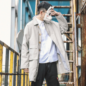 东京衣柜男装新款原创日系纯色中长款工装风衣男潮流青年休闲外套风衣