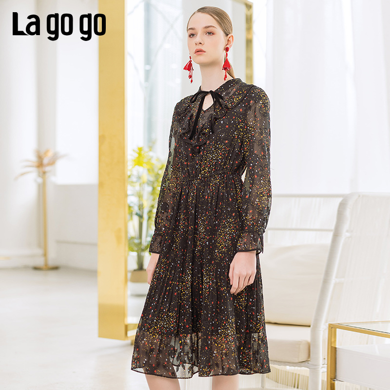 Lagogo2019春季新款文艺气质裙子中长款复古连衣裙女IALL401A32