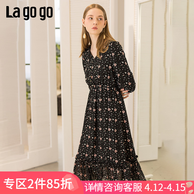 Lagogo2019春季新款裙子碎花中长款雪纺春装连衣裙女IALL402M33