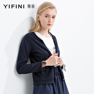 yifini/易菲2019春秋新款提花短款宽松长袖针织开衫女外套 span class