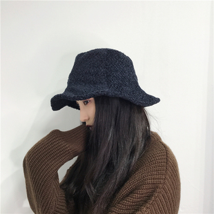 帽子女秋冬天韩版百搭软妹原宿可折叠盆帽平顶休闲绒线大沿渔夫帽