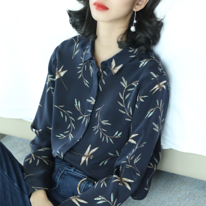 衬衣新款女装2018春季百搭双绉真丝印花长袖衬衫显瘦桑蚕丝上衣真丝衬衫
