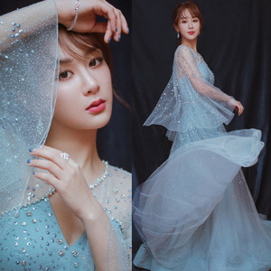 明星杨紫同款2019春夏蓝色纱裙星空性感礼服女亮片网纱吊带 span