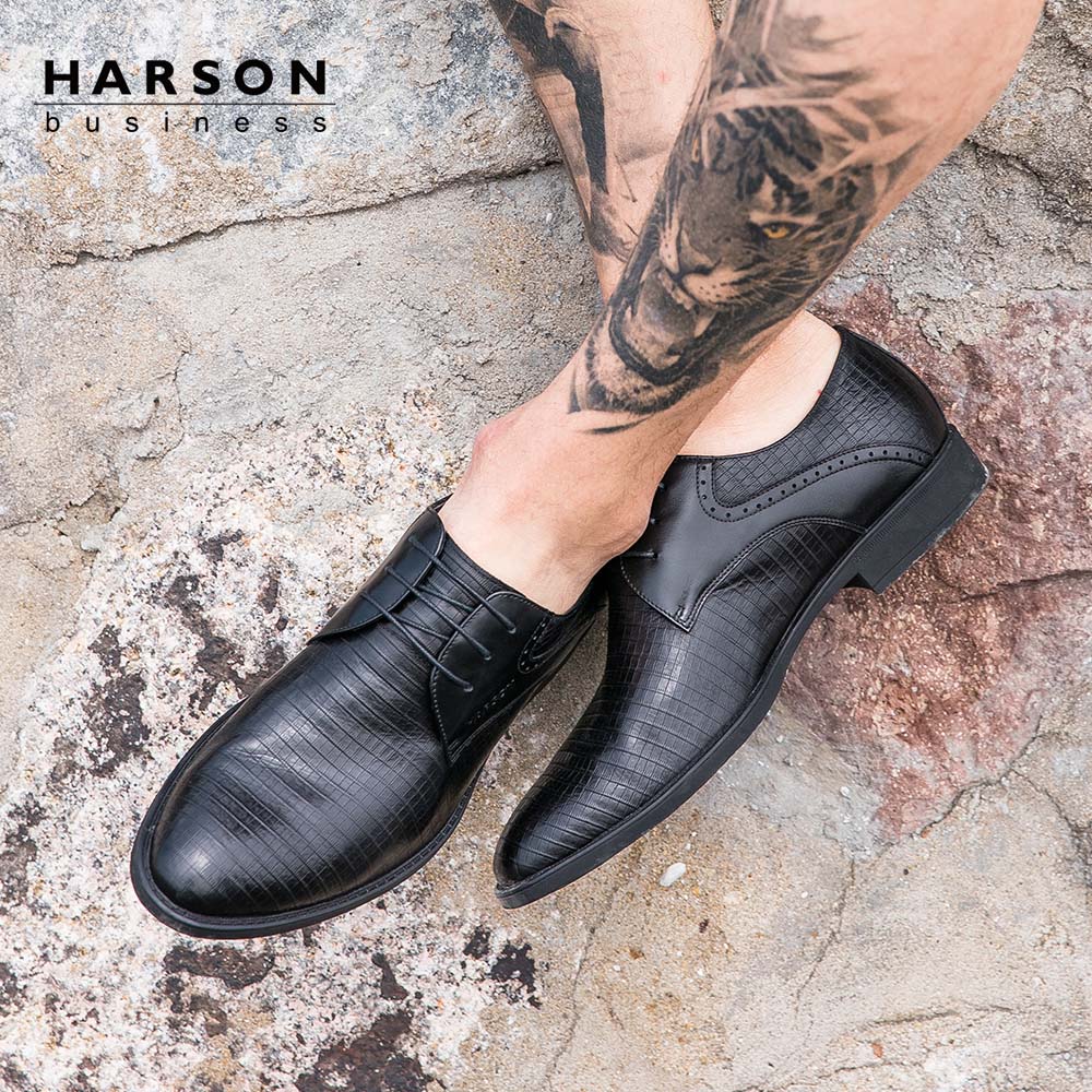 Harson/哈森2019春季牛皮革男鞋低跟圆头时尚正装德比鞋MS82526