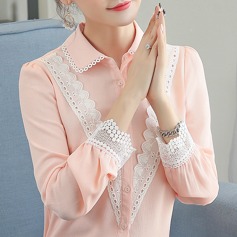 香菲丽莎2019春装新款韩版女装修身显瘦打底衫女潮蕾丝长袖女衬衫