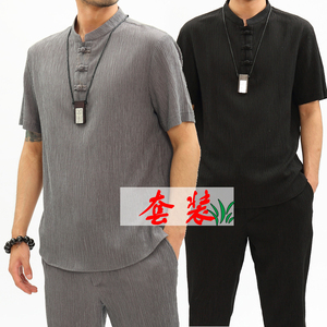 夏季中年短袖t恤男纯棉套装中老年40-70岁爷爷中国风衣服爸爸男装t恤套装男