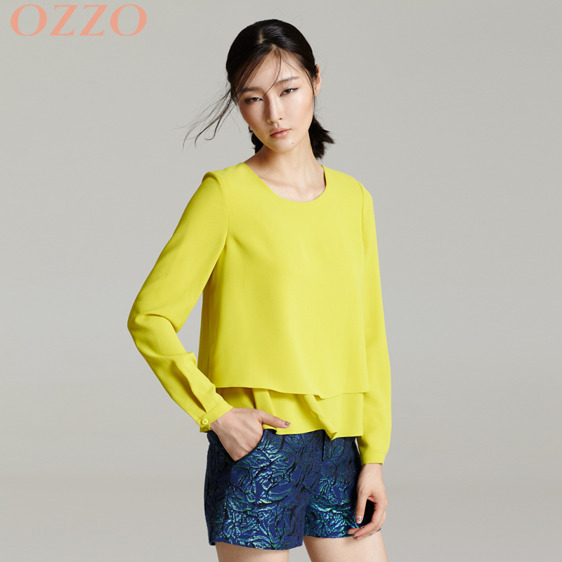 OZZO/欧尼迩秋季双层下摆雪纺上衣 纯色飘逸低圆领长袖衬衫