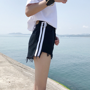 夏季韩版女装侧面条纹毛边牛仔短裤高腰宽松阔腿裤显瘦学生热裤子阔腿裤