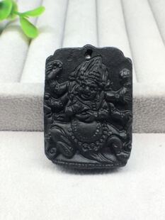 长方形牌石陨石黑陨石天铁陨铁陨石挂件六臂黄财神 吊坠 招财祛灾