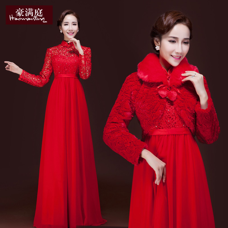 敬酒服新娘秋冬季长袖结婚礼服红色高腰孕妇旗袍晚礼服加毛披肩