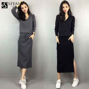 毛衣女秋冬2017新款潮 时尚V领长袖系带包臀针织连衣裙秋 中长款