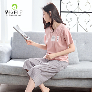 夏季女士家居服睡衣女夏纯棉短袖全棉休闲大码居家七分裤两件套装女士睡衣