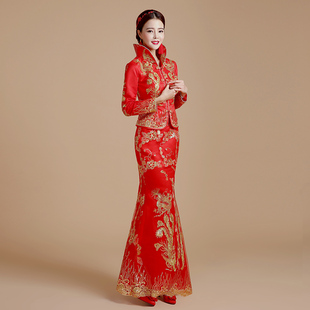 长袖新娘旗袍2016春新款敬酒服长款红色结婚礼服显瘦修身中式嫁衣