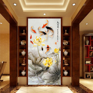 中式水墨九鱼图莲花竖版玄关壁画客厅过道背景墙墙纸整张墙布
