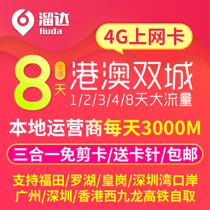 香港电话卡 1/2/3/4/8天手机卡港澳上网4G流量包可选3g无限一日