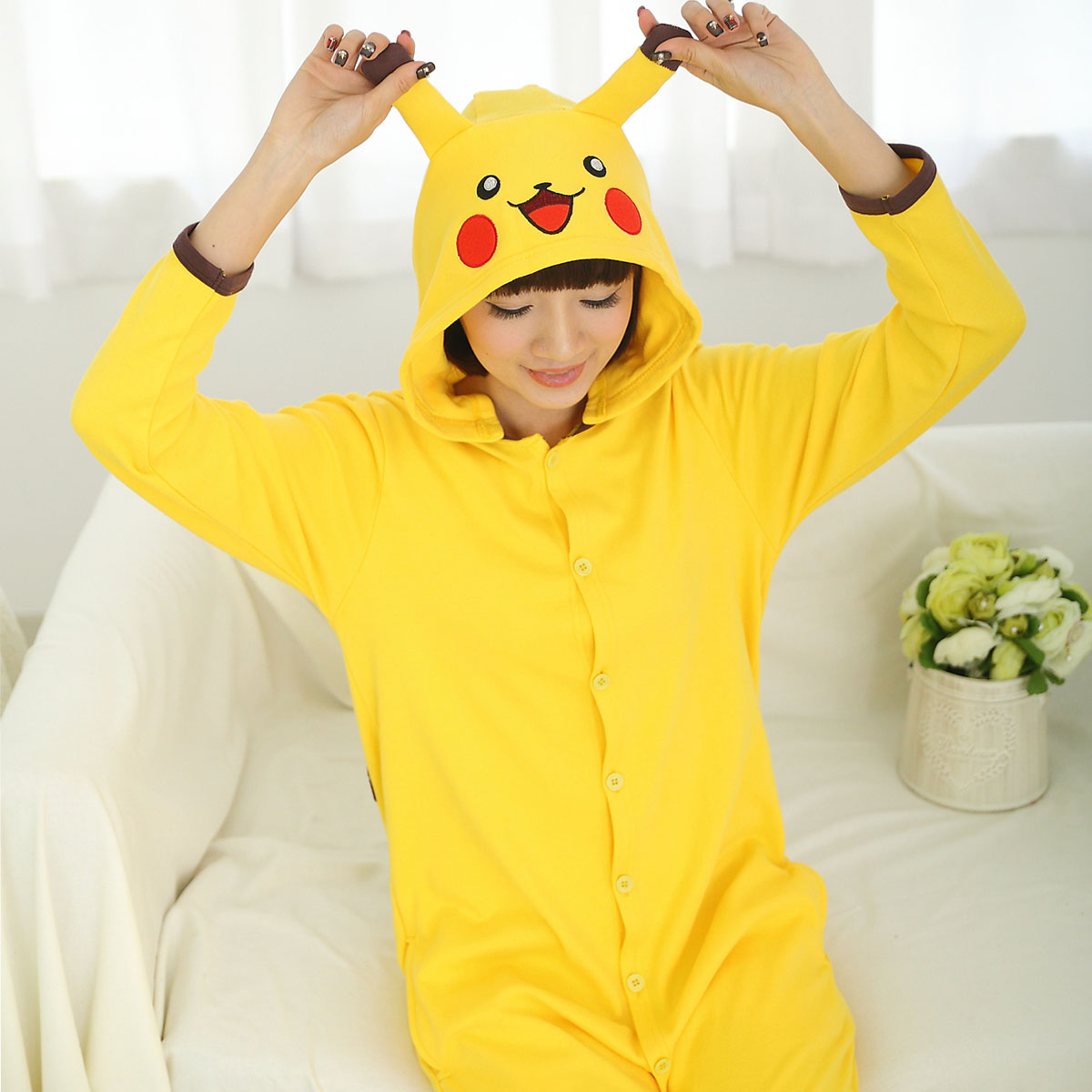 春秋季卡通动物连体睡衣长袖男女人纯棉可爱情侣皮卡丘家居服如厕