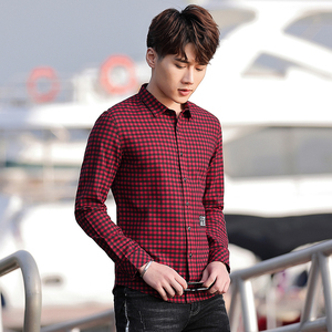 男士长袖修身格子纯棉衬衫潮牌图片