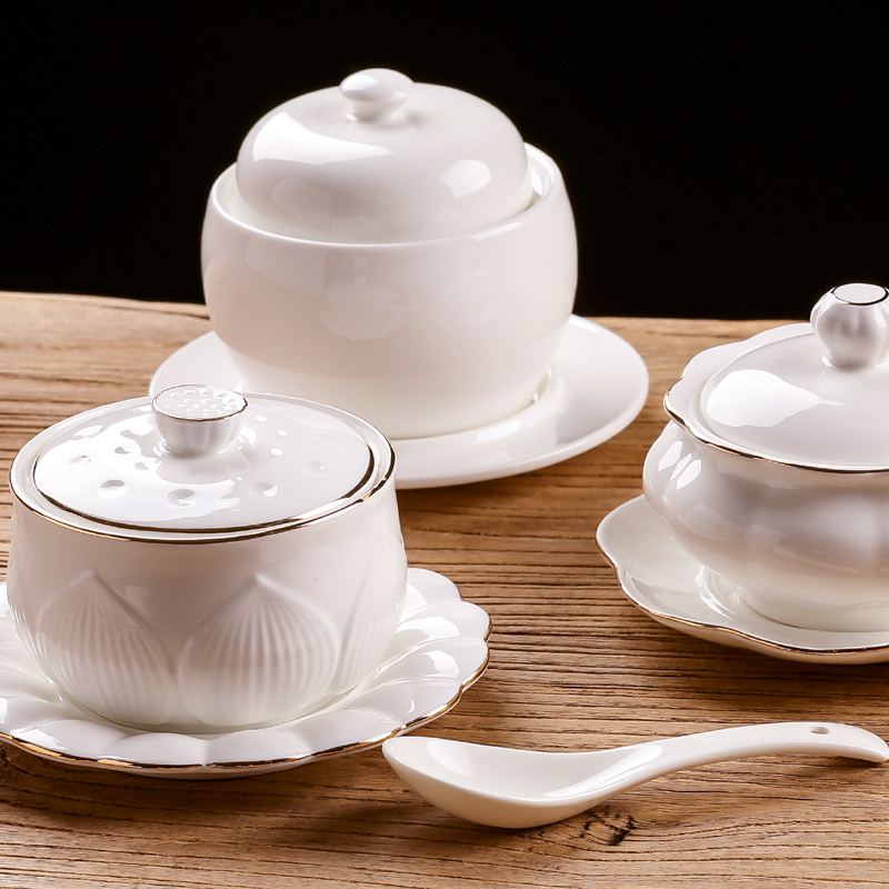 纯白酒店专用隔水炖盅 炖燕窝蒸蛋补品小汤盅 带盖家用碗汤煲炖罐