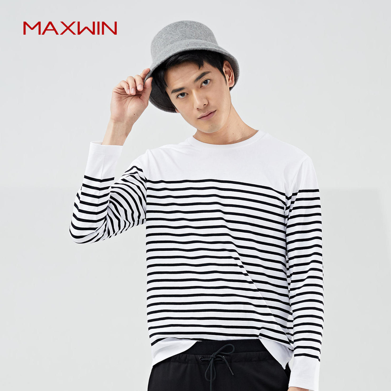 MAXWIN马威早春新款男式舒适休闲针织圆领条纹长袖T恤上衣