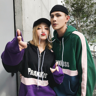 prank kiss李予诺潮牌prks秋季宽松复古情侣连帽套头卫衣男 潮