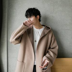 西西里男装2018流行大衣男燕麦色加厚落肩连