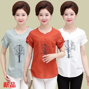 妈妈装春装短外套中老年女装夏装棉麻短袖上衣