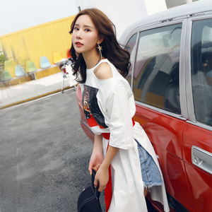 原宿漏肩露肩上衣女夏长款宽松 span class=h>t恤 /span>女短袖2018