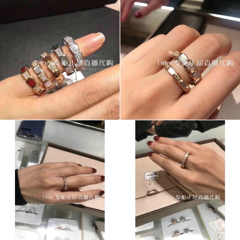 正品代购Bvlgari/宝格丽18k玫瑰金蛇形单环戒指无满钻白贝母婚戒