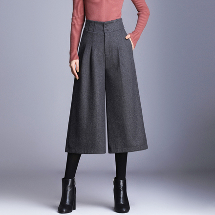 女秋冬韩版宽松显瘦高腰平绒羊毛呢阔腿裤子