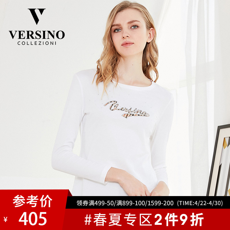 versino/梵思诺秋装女2018新款女士纯棉白色潮流休闲打底长袖T恤