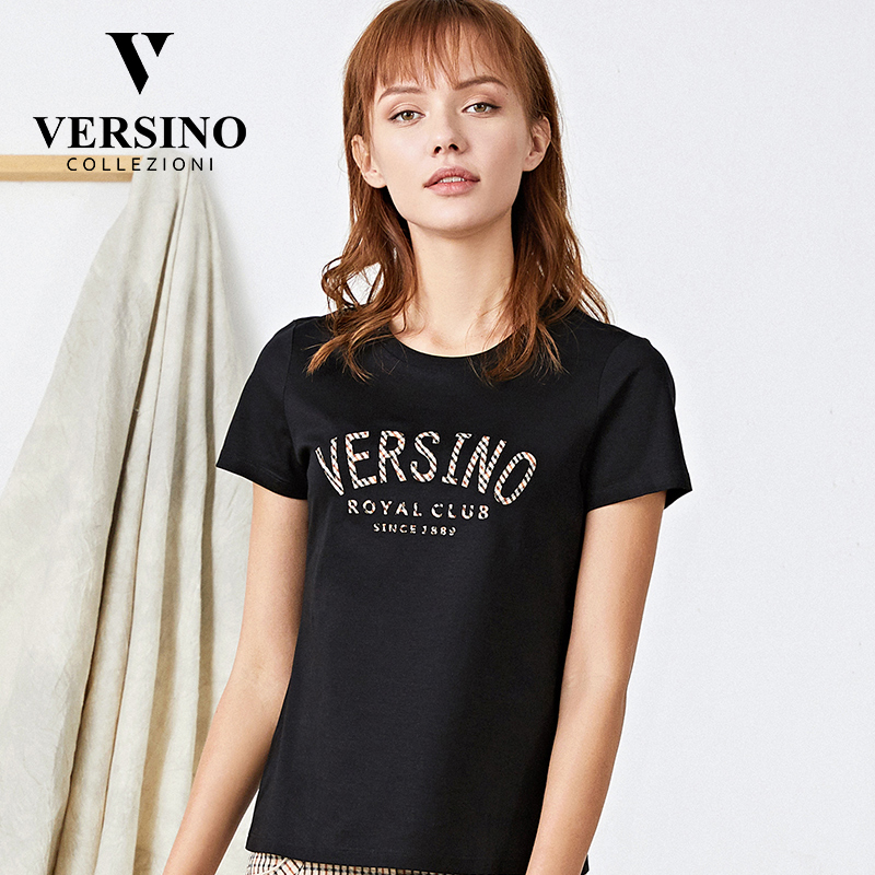 versino/梵思诺2019年春夏新品女装圆领短袖休闲百搭打底字母t恤