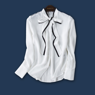 2017春季新款气质衬衣纯色打底蝴蝶结系带真丝白衬衫女长袖欧洲站