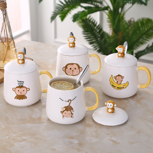 可爱猴子卡通马克杯大带盖勺大肚简约陶瓷杯子咖啡杯办公室泡茶杯