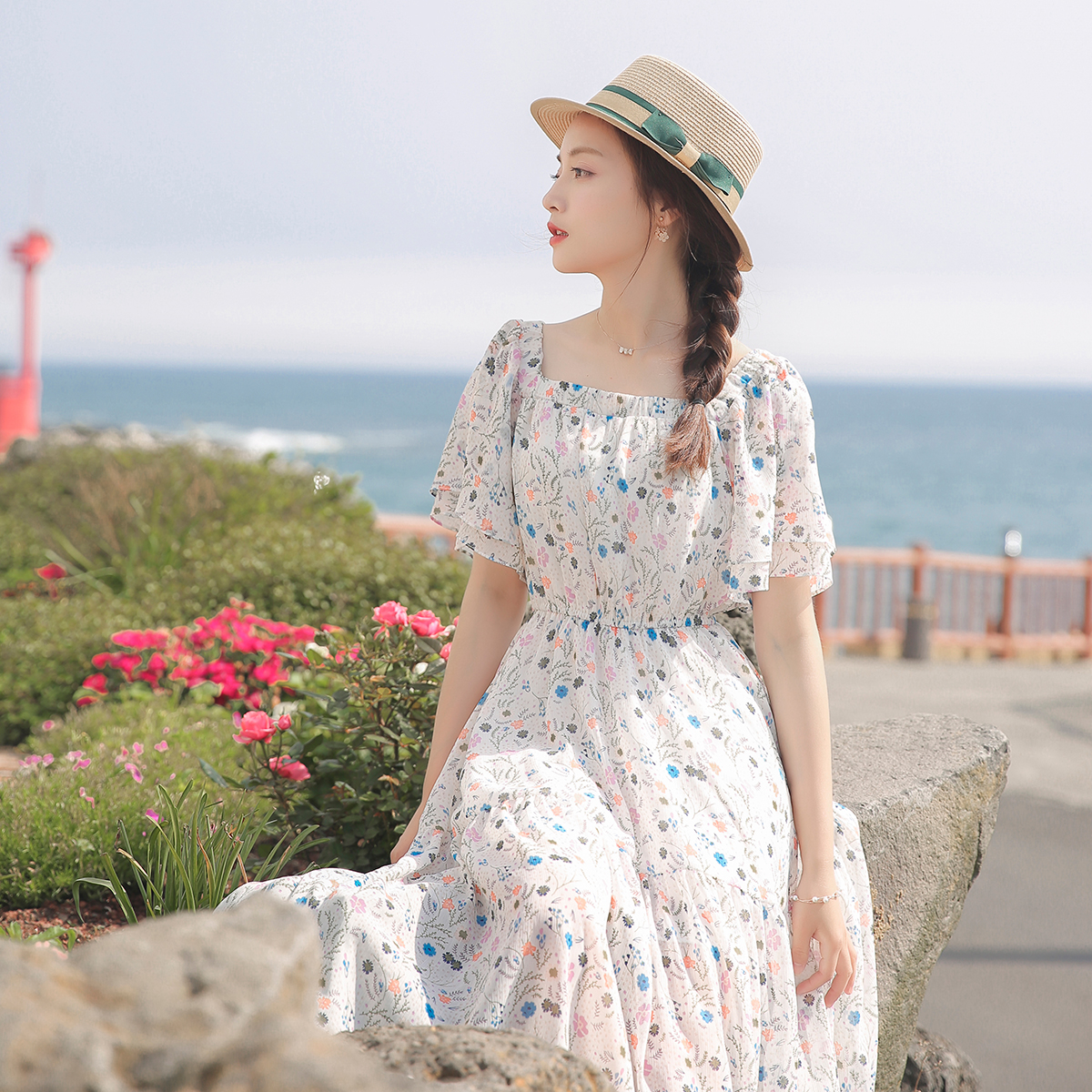 夏奈可可小清新喇叭袖高腰碎花雪纺连衣裙女夏2017新款长裙碎花裙