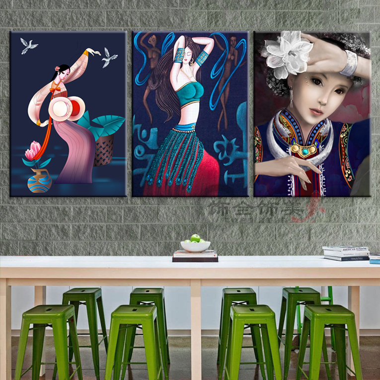 中国风少数民族装饰画云南傣族少女人物艺术画火锅店酒店墙壁挂画