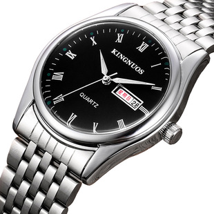 正品kingnuos时尚罗马数字夜光防水双日钢带手表高档男女情侣手表