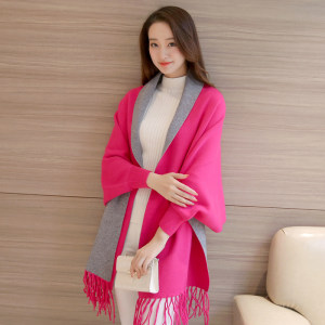 带袖披风斗篷披肩围巾两用加厚秋冬季女士双面纯色 span class=h>外套