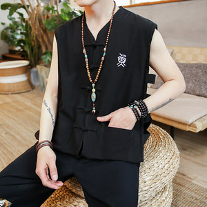 刺绣唐装马褂男装复古棉麻马甲男夏季背心薄款中国风潮流大码坎肩