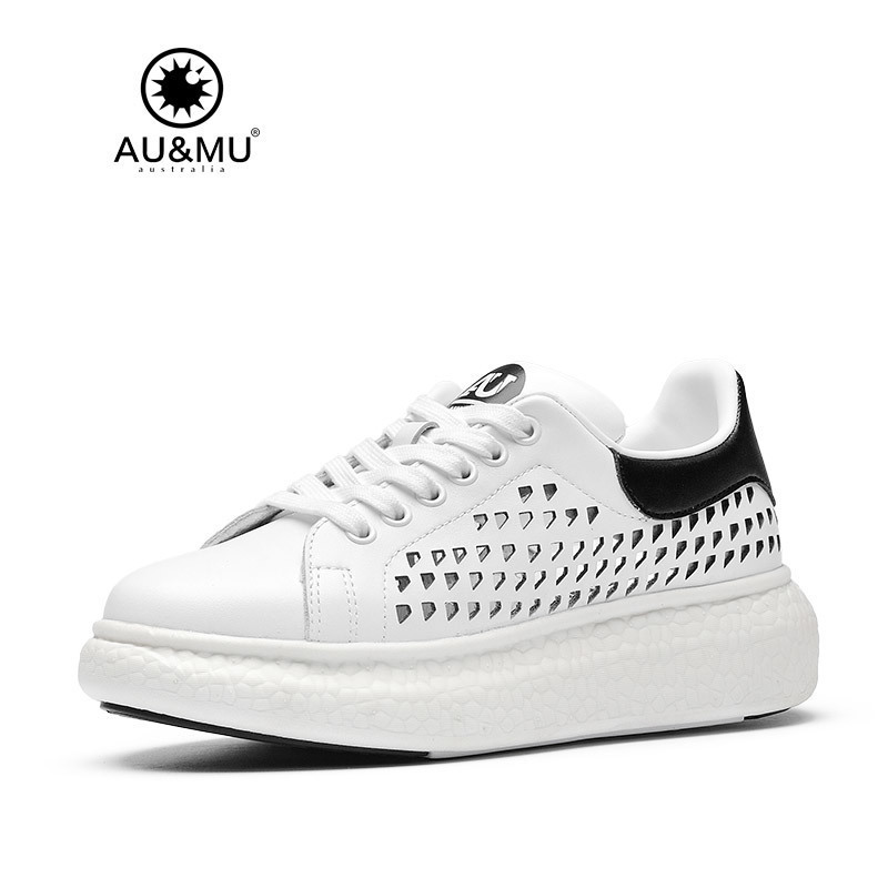 AUMU2018新款透气镂空头层牛皮增高松糕底小白鞋女士休闲鞋G710