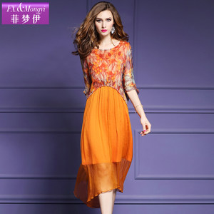真丝连衣裙女2017夏季新款七分袖宽松显瘦印
