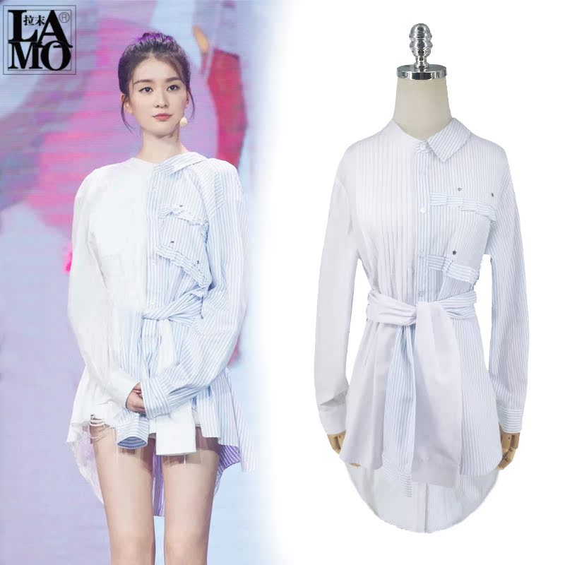 欢乐颂2第二季关雎尔乔欣明星同款夏新女装白长t恤衫拼接条纹衬衣