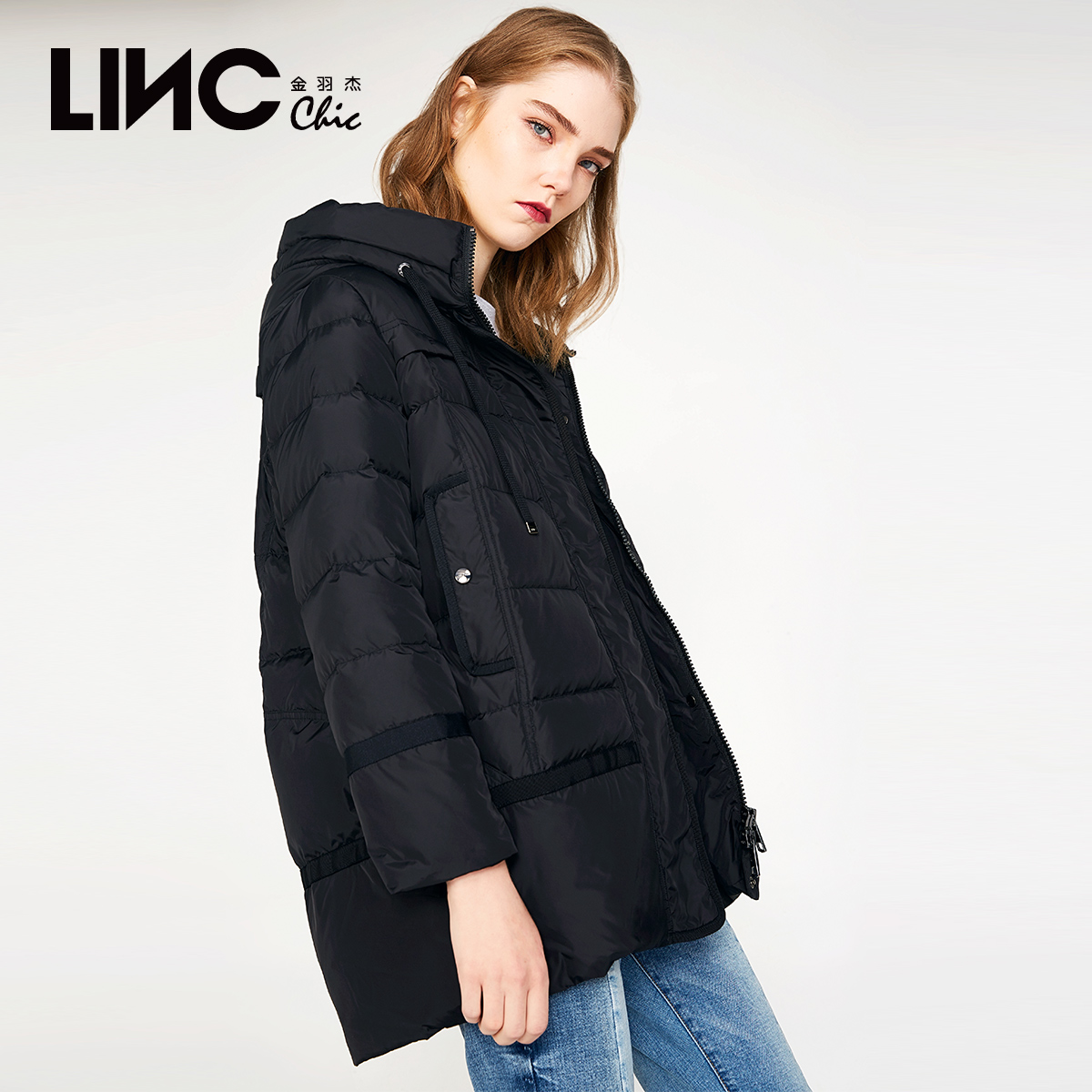 LINC金羽杰冬装新款街头个性织带拼接羽绒服女中长款连帽韩版外套