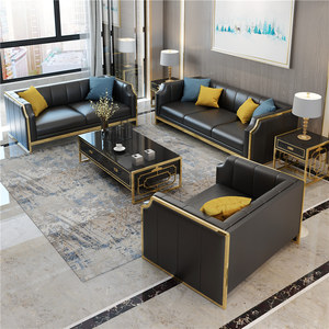 后现代轻奢真皮沙发组合简约样板间客厅家具港式不锈钢镀金沙发