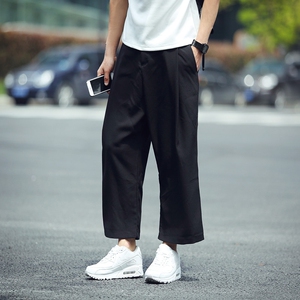 夏季男士宽松八分裤青少年韩版休闲裤男夏天直筒阔腿裤日系潮裤男