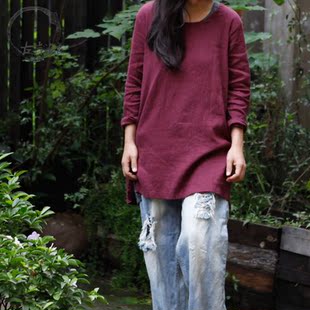 左岸迷香∣皱褶亚麻圆领套头衬衫中长款简约女上衣3960