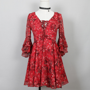 helencsc海伦公主专柜正品夏装雪纺收腰v领中袖连衣裙红色女装