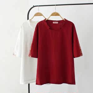 刺绣棉麻短袖T恤女装2017夏季新款大码宽松亚